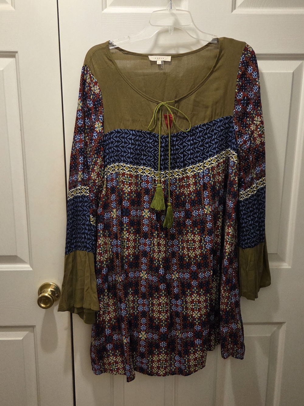 entro Olive & Multi-Color Boho Patterned mini dress